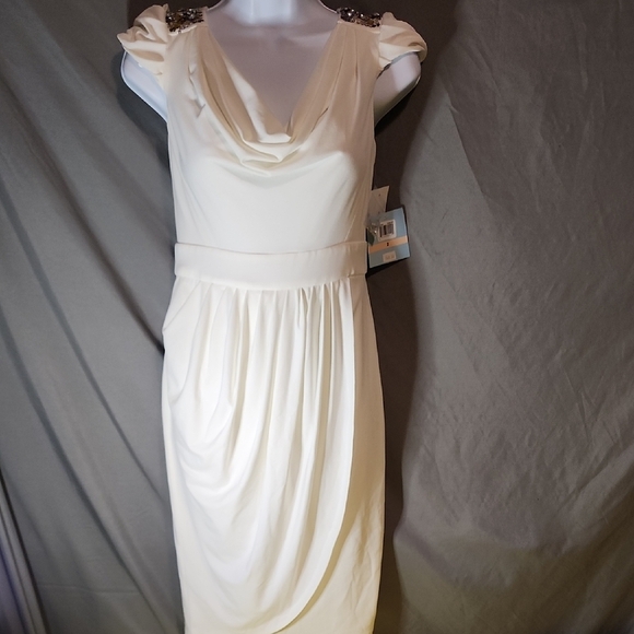 Suzi Chin for Maggy Boutique Dresses & Skirts - Suzi Chin for Maggy Boutique Cream Draped Midi Dress With Jewels
